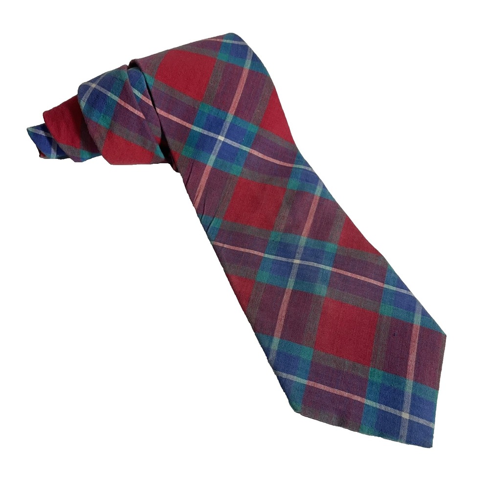 Rooster Vintage Madras Cotton Neck Tie Plaid Red Blue 4" Preppy 70s Ivy USA EUC